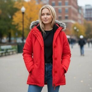 VTG Jordan Craig Red Hooded Winter Parka Jacket Faux Fur Womens Size Medium NWOT